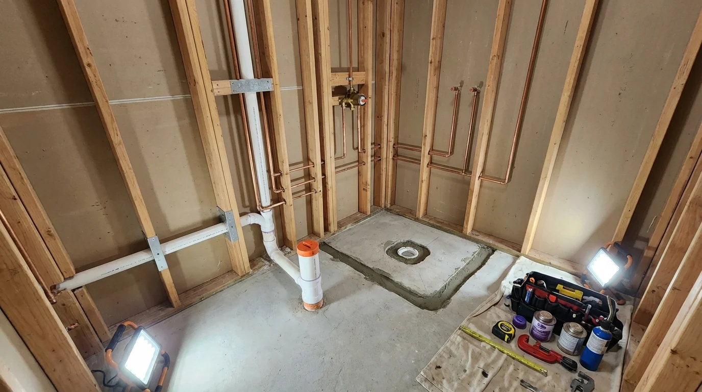 Bathroom rough-in plumbing during remodel by Johns Plumbing LLC in North Palm Beach