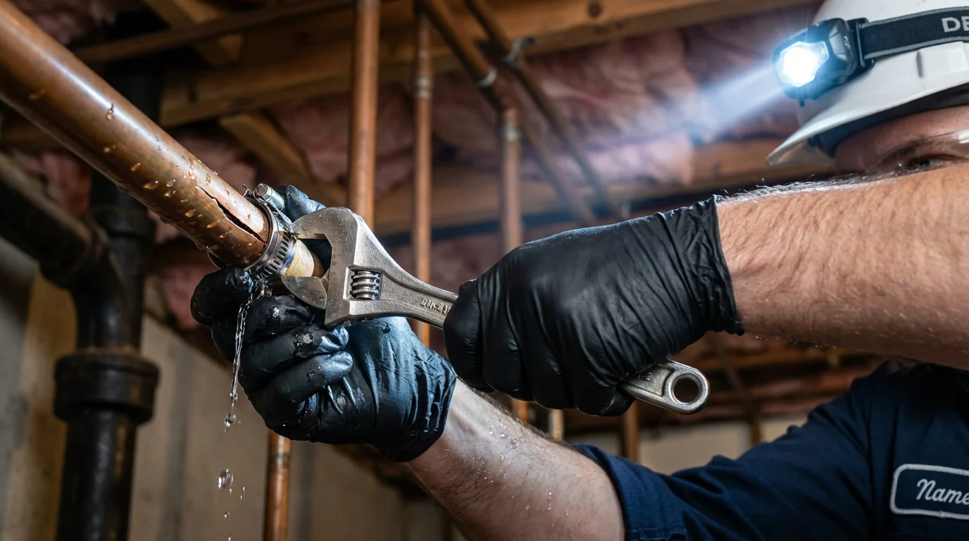 Emergency pipe clamp repair being performed by a Johns Plumbing LLC plumber in North Palm Beach