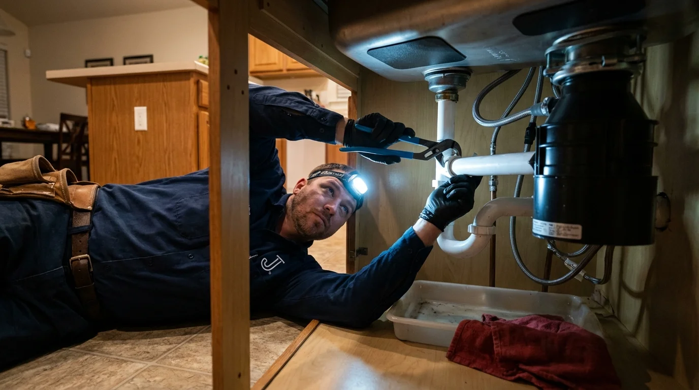 P-trap and supply line connections under a kitchen sink showing a common leak point in North Palm Beach, FL